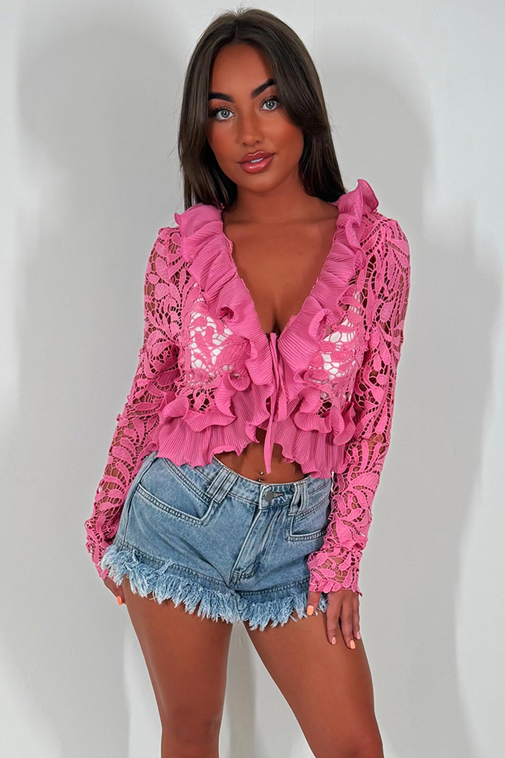 crochet cardigan top with ruffle frill hem holiday outfit