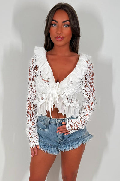 Crochet Lace Cardigan With Ruffle Frill Hem White Holiday