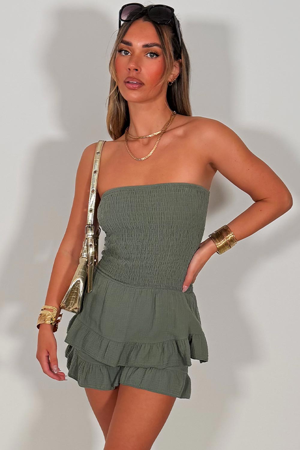 summer holiday ruffle frilly bandeau playsuit khaki styledup white fox uk sale
