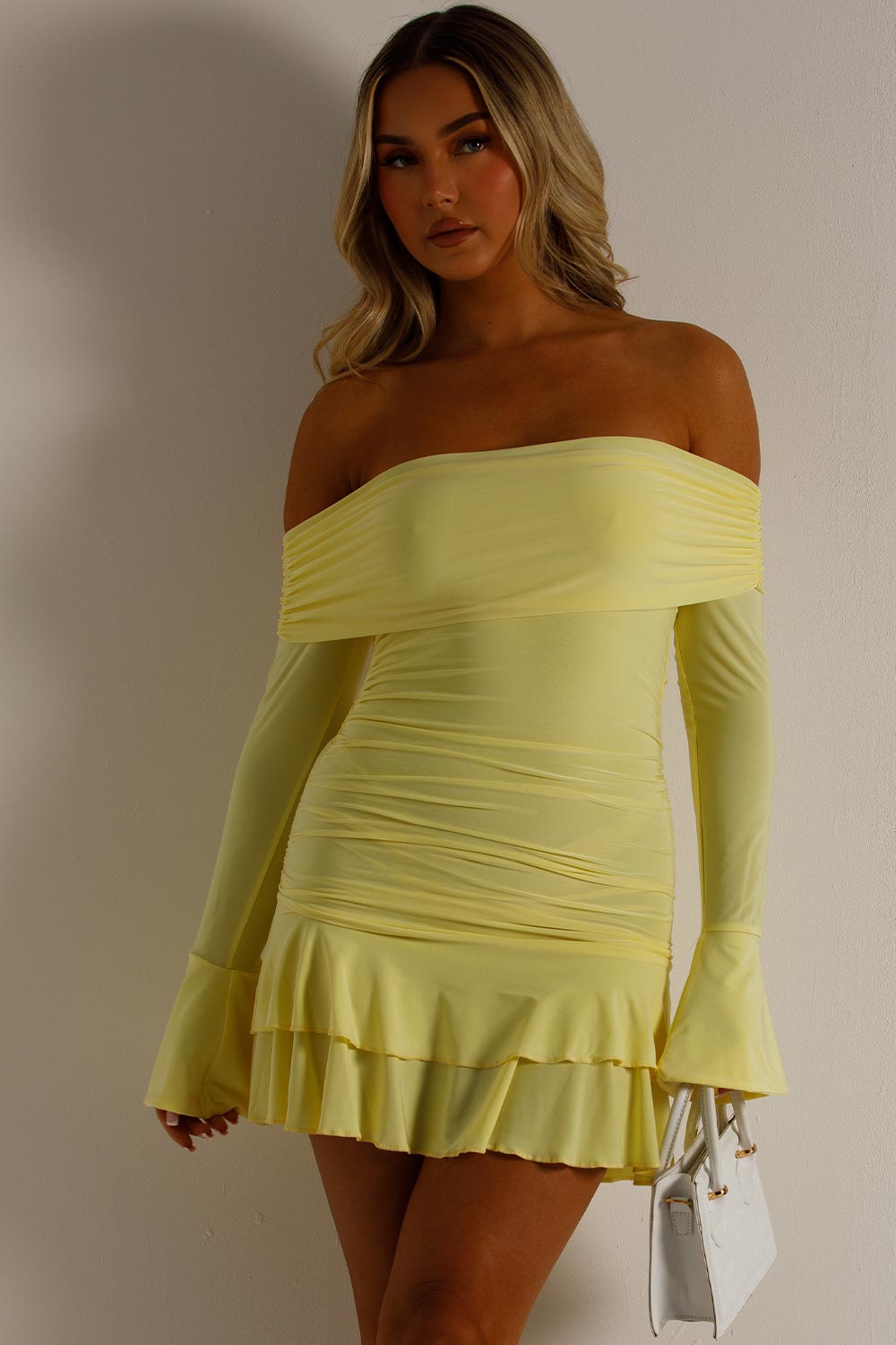 bardot mini dress with ruffle frill hem long sleeves festival outfit styledup