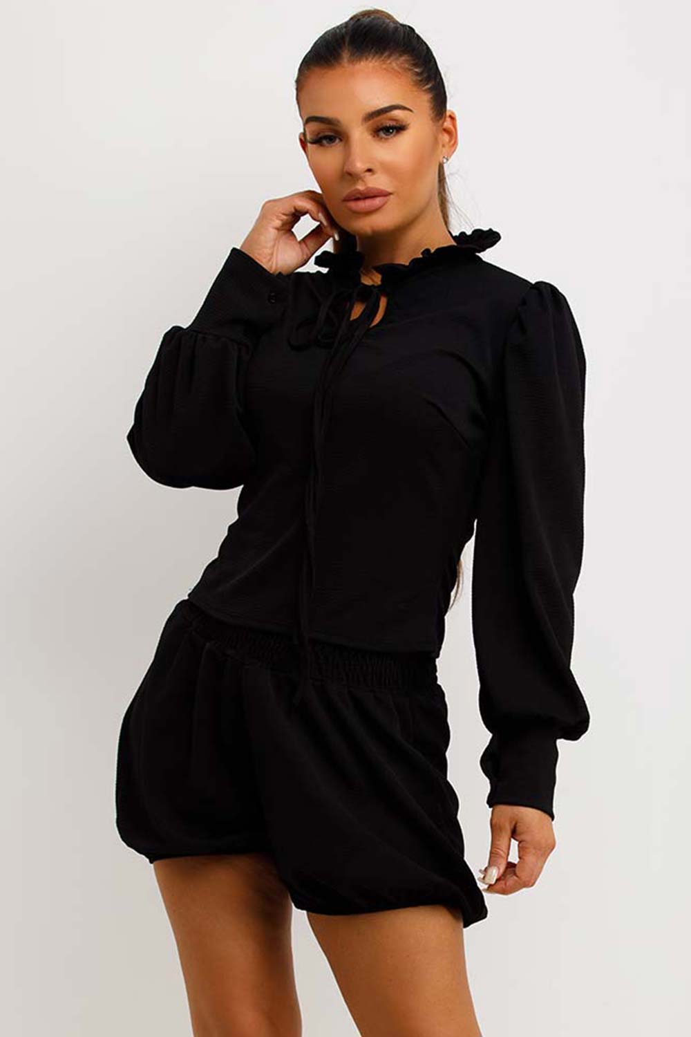 frilly long sleeve top and shorts two piece set