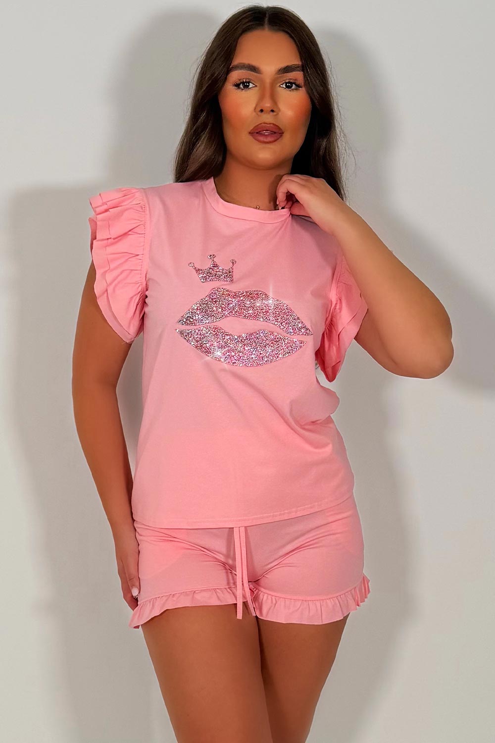 diamante rhinestone lips detail summer shorts tracksuit co ord set uk