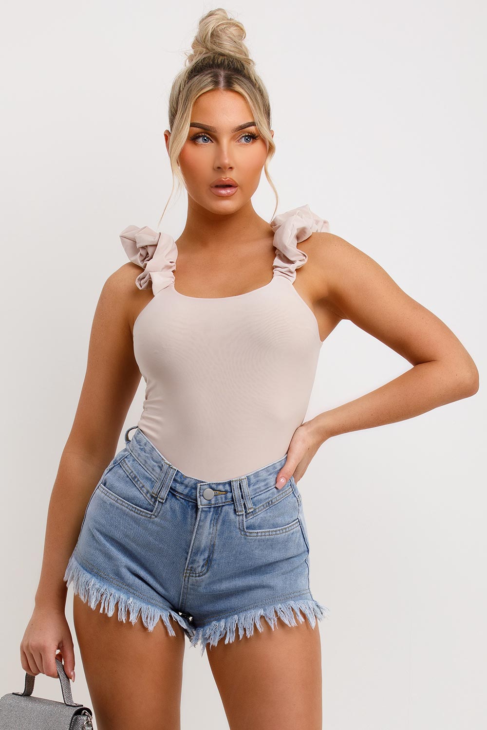 ruched ruffle strap double lined going out bodysuit top beige