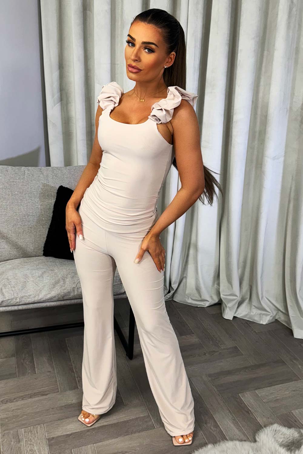 womens ruched gathered detail sleeveless top and straight leg trousers two piece set going out christmas party outfit