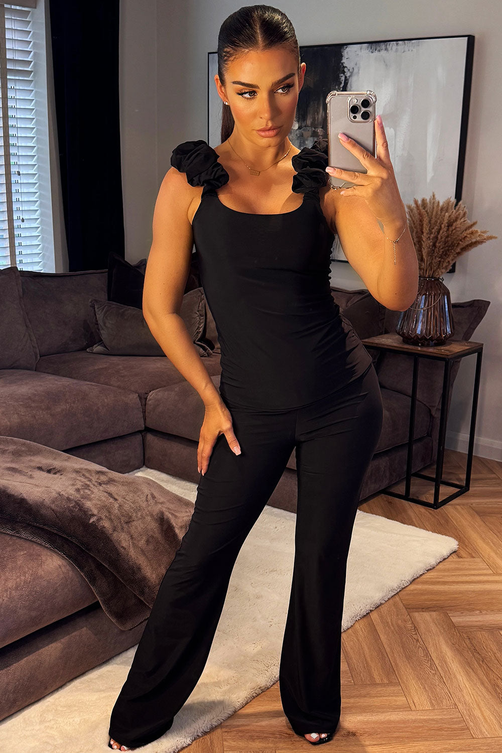 ruched shoulder top and flare trousers two piece set black