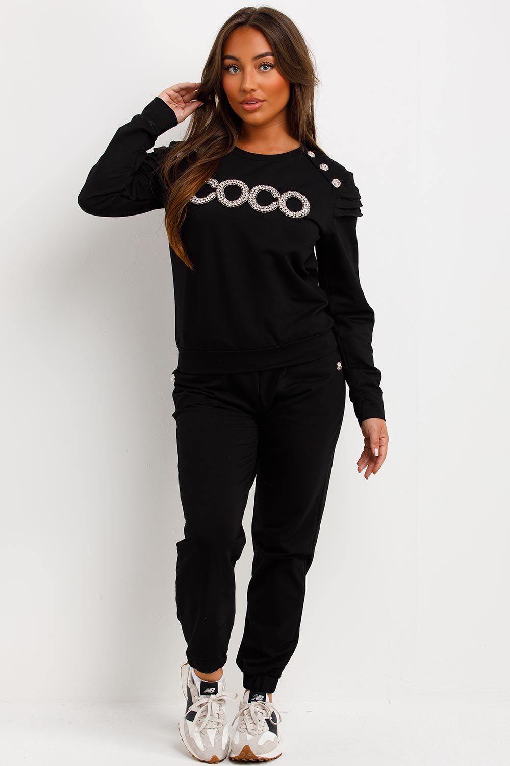 coco diamante gold button frill shoulder top and trousers loungewear set womens summer airport outfit