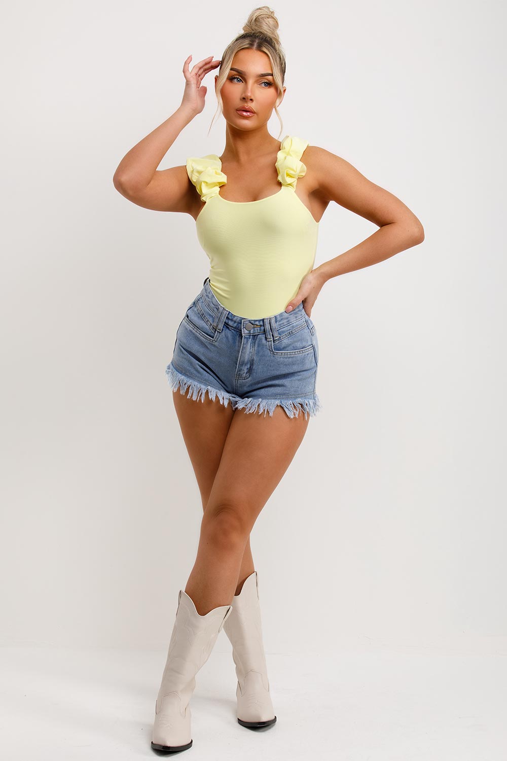 ruffle ruched strap double lined bodysuit top