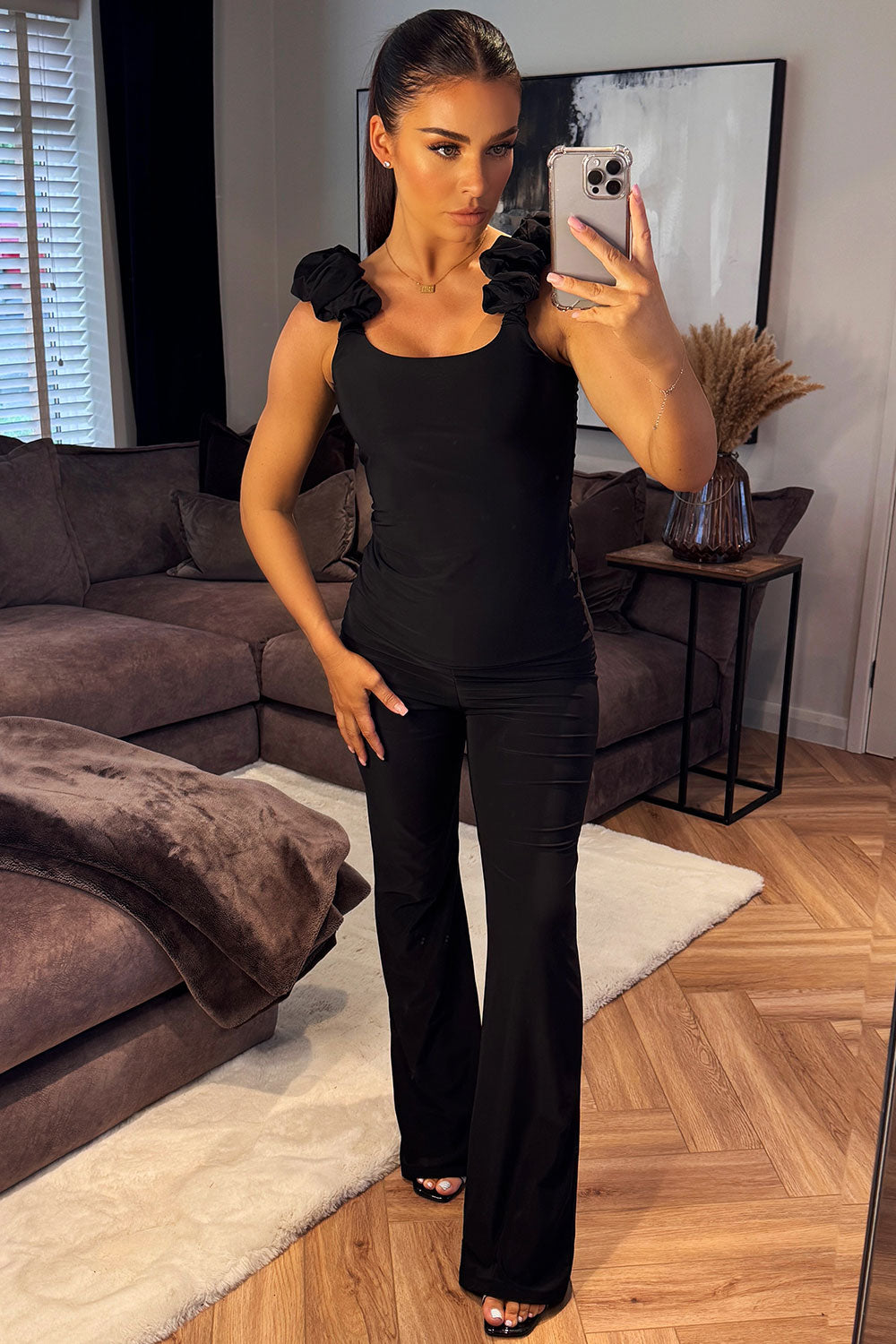 flare trousers and ruched shoulder double lined top two piece co ord set going out occasion new years eve outfit