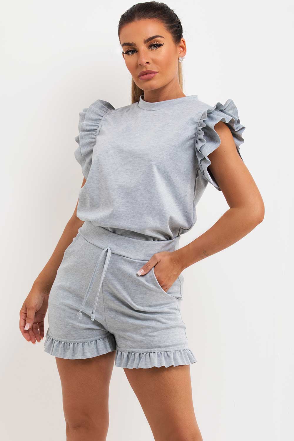 frill shoulder top and short co ord grey uk
