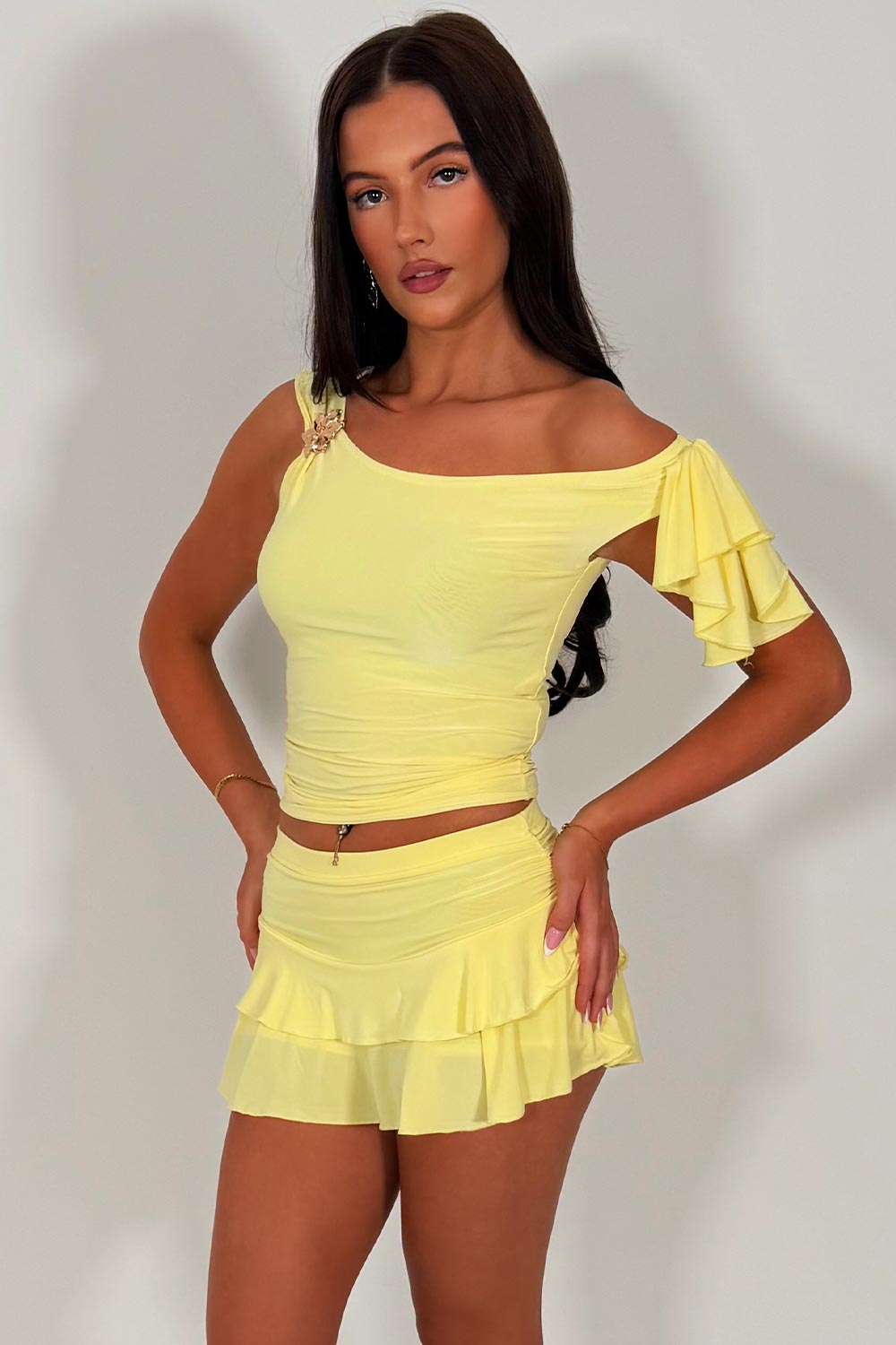 one shoulder gold buckle top and ruffle frilly skort matching outfit going out summer holiday festival clothes sale uk