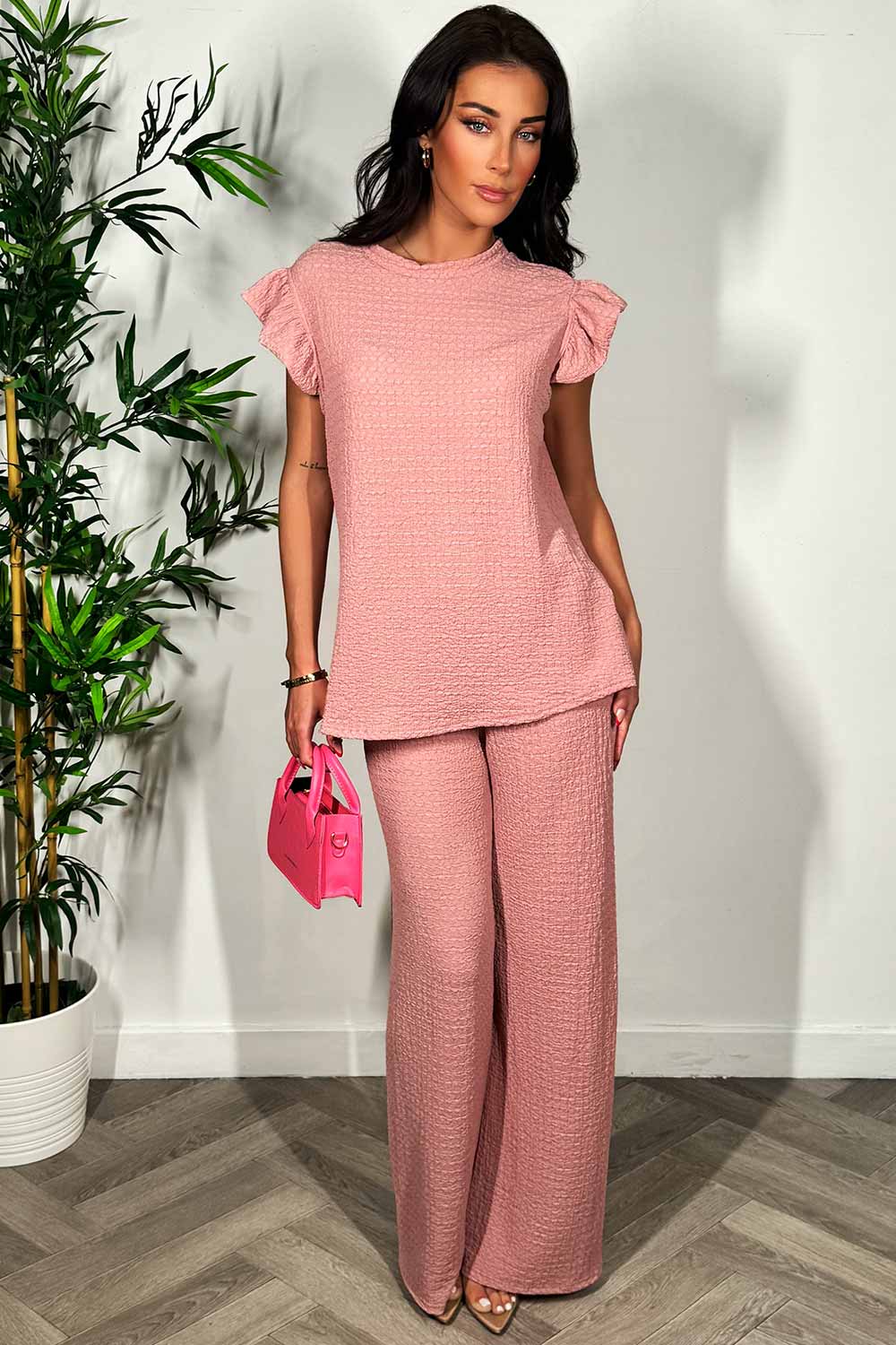 womens wide leg trousers and frill sleeve round neck top summer holiday outfit