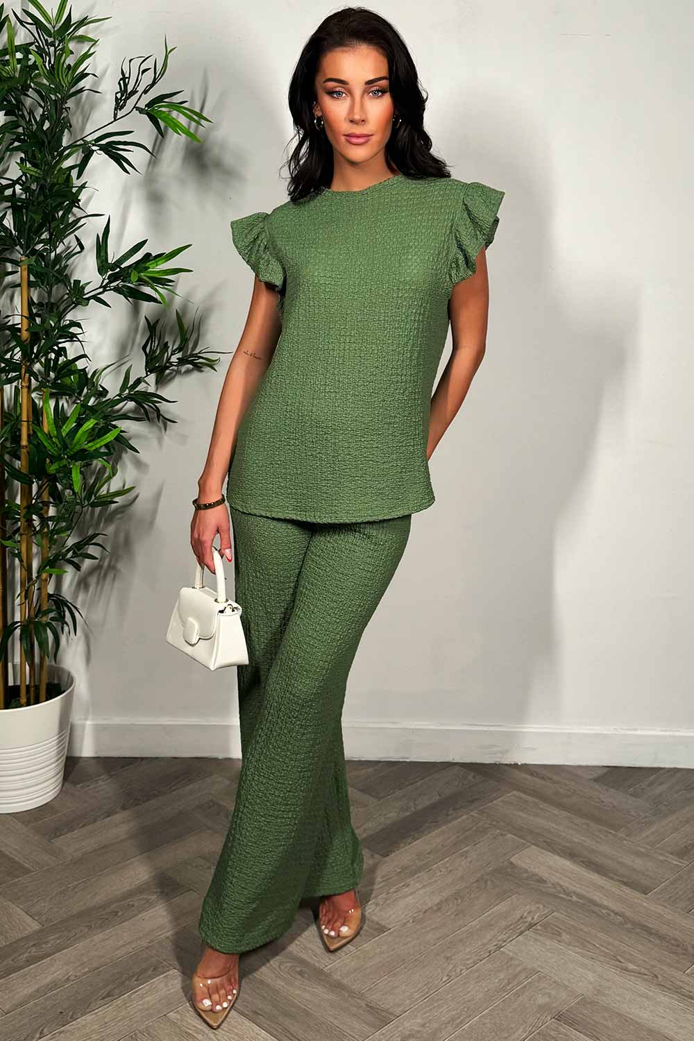 womens wide leg high waist trousers and frill sleeve round neck top two piece co ord set summer holiday outfit