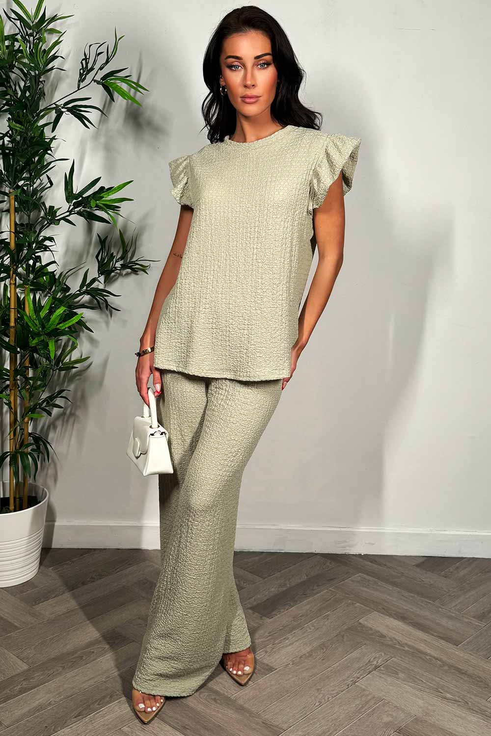 womens crinkle frill sleeve top and wide leg trousers two piece set summer holiday outfit