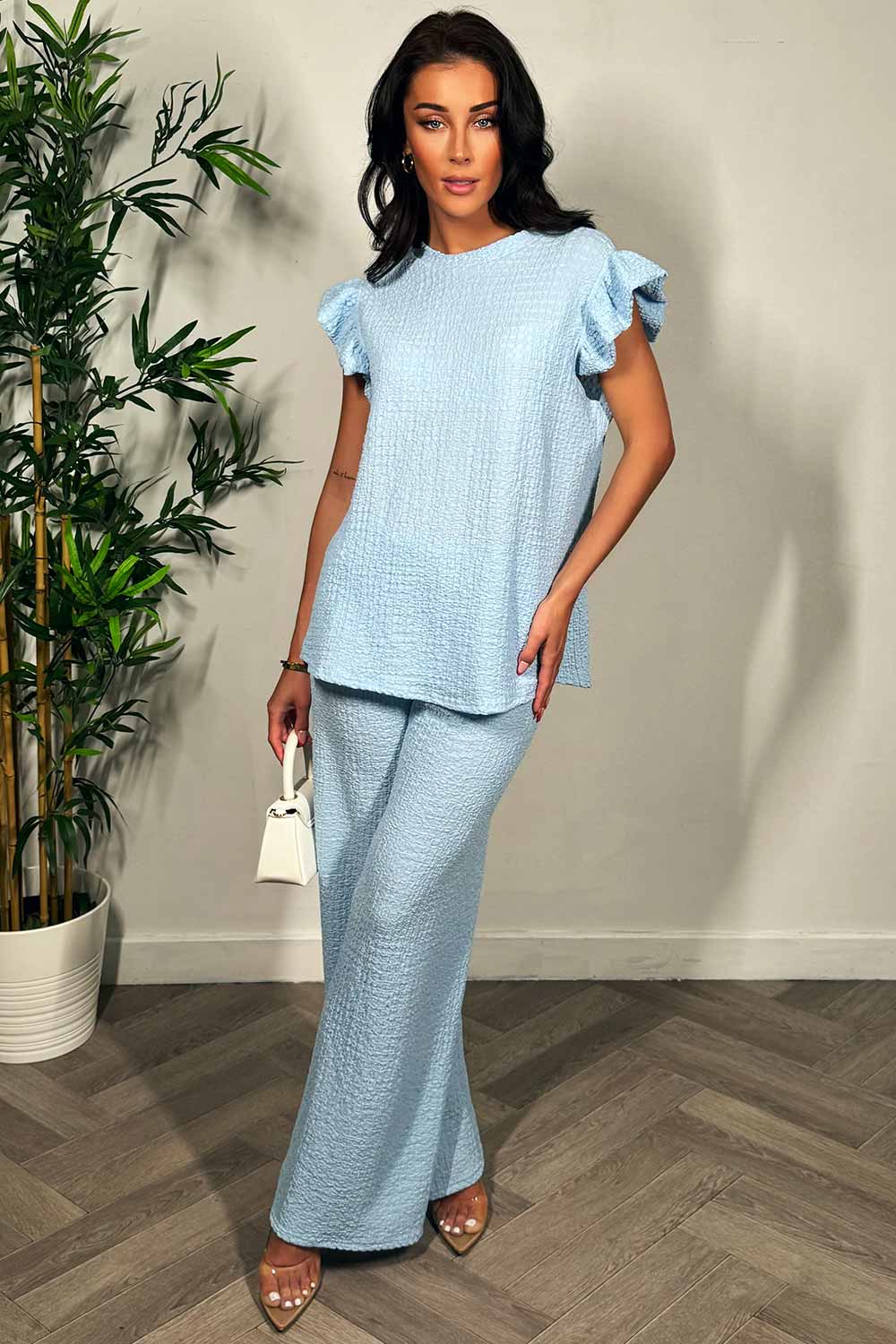 womens summer frill sleeve top and wide leg trousers two piece set sky blueholiday outfit