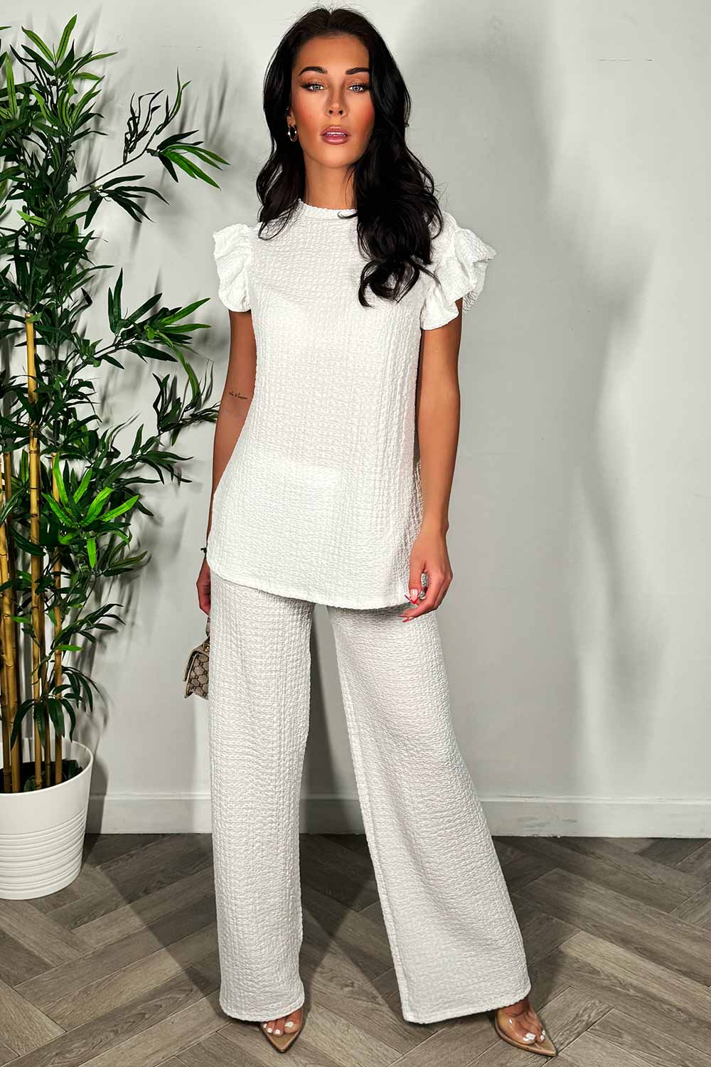 frill sleeve crinkle top and wide leg trousers two piece set summer holiday outfit