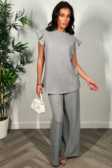 grey frill sleeve top and wide leg trousers two piece set summer holiday outfit