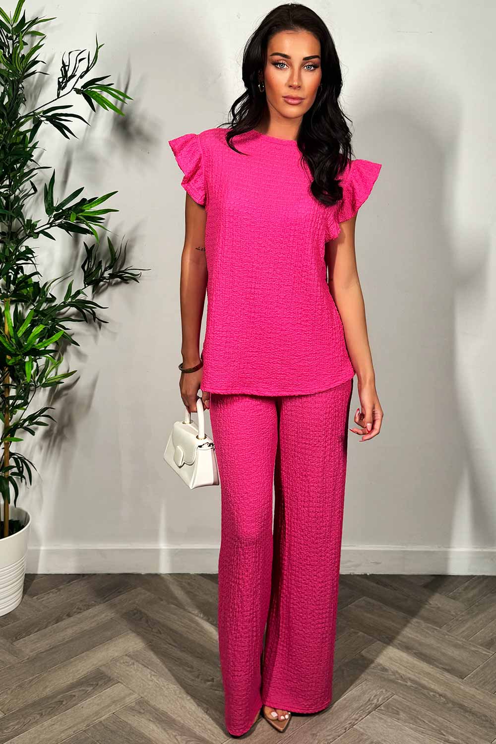 frill sleeve top and wide leg trousers two piece set going out summer holiday outfit womens