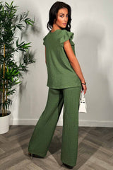 frill sleeve top and wide leg trousers two piece set khaki summer outfit
