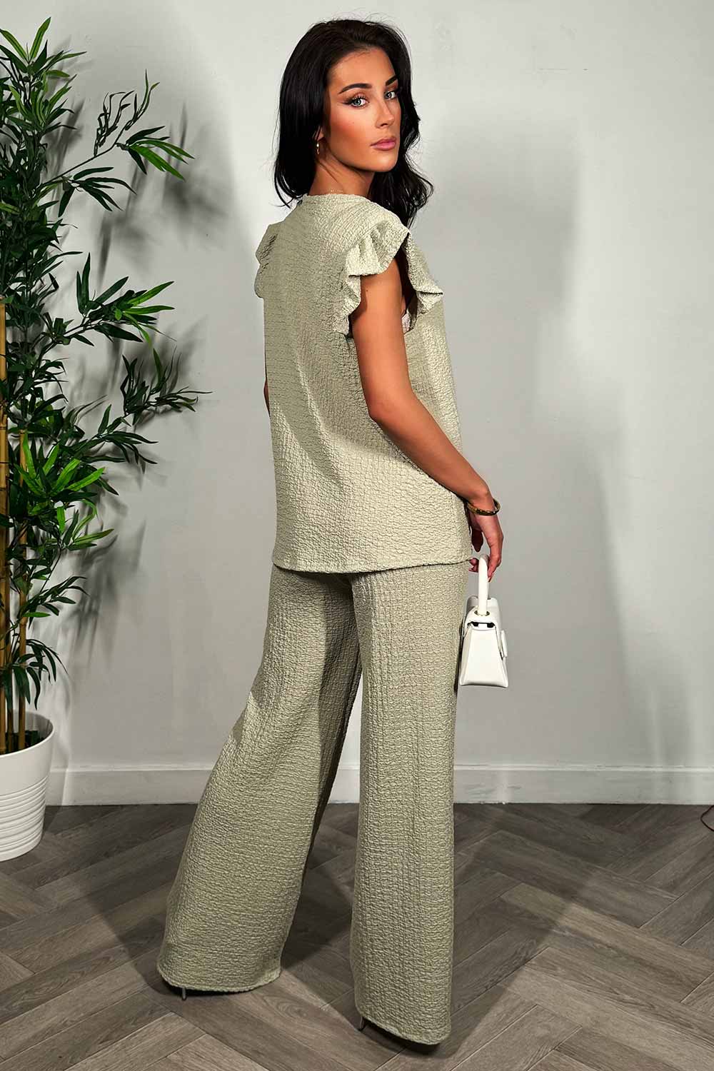 womens summer frill sleeve top and wide leg trousers two piece set holiday outfit