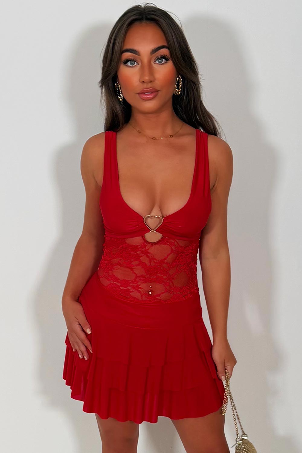 red mini dress with lace panel night out rave party outfit styledup