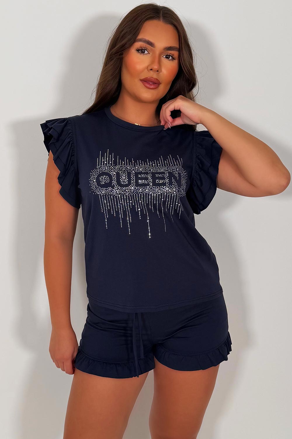 diamante rhinestone queen slogan t shirt and shorts two piece co ord set styledup