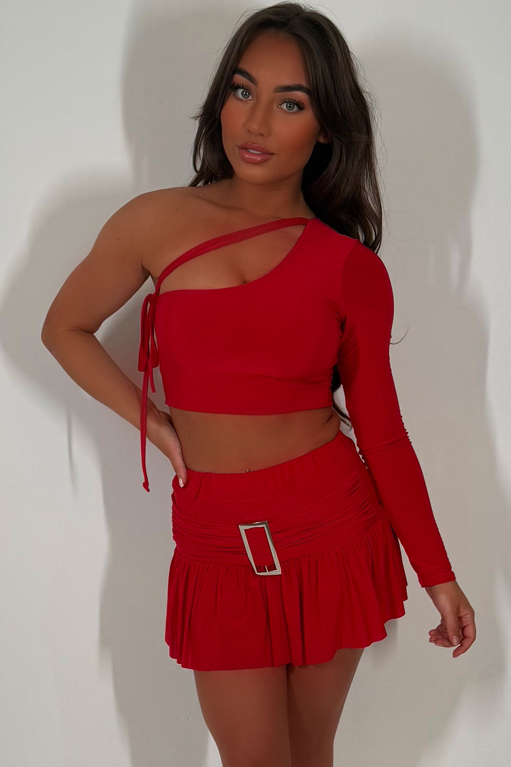 mini skirt and one shoulder crop top set summer festival clothes