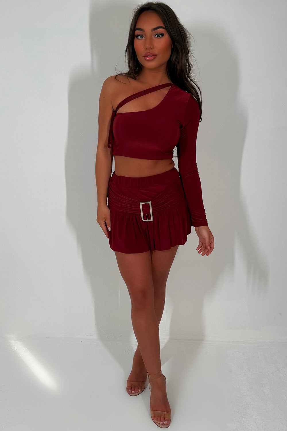 mini skirt and one shoulder crop top set summer festival clothes
