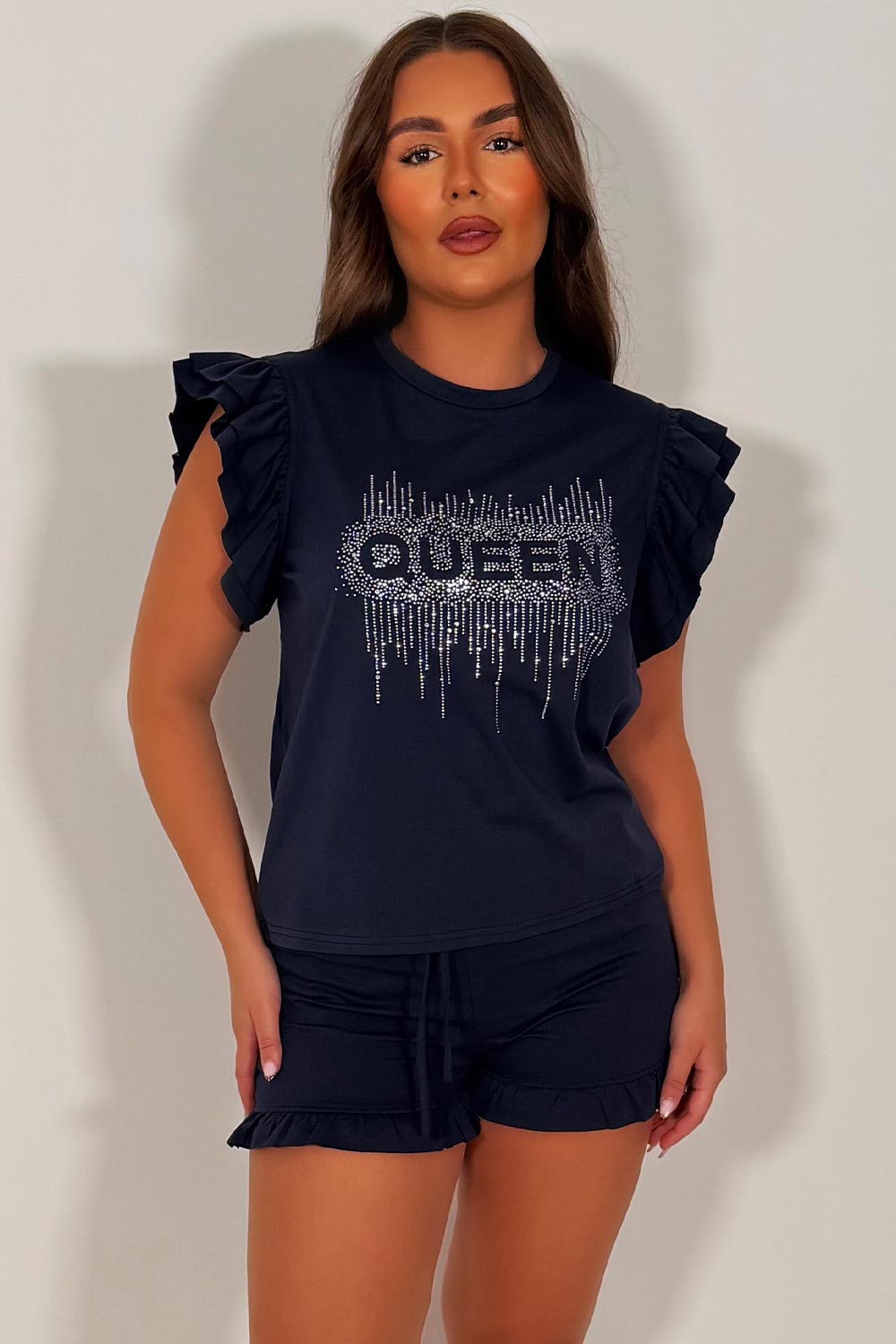 frill shoulder round neck queen slogan diamante rhinestone t shirt and shorts two piece co ord set styledup uk