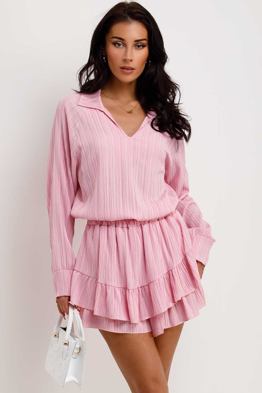 womens pink summer top and frilly shorts two piece set summer holiday clothes uk