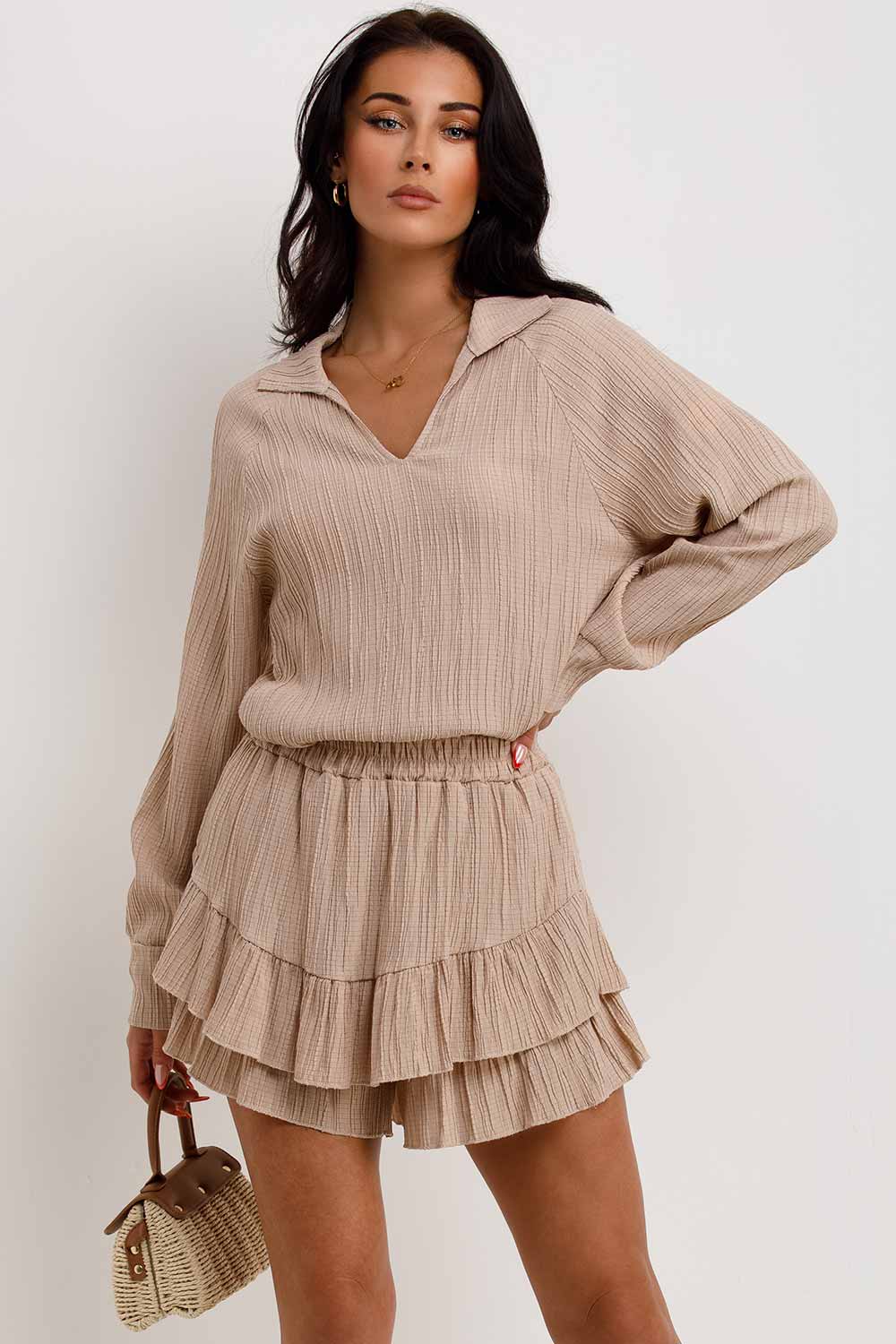 summer top and frilly shorts two piece set holiday outfit womens