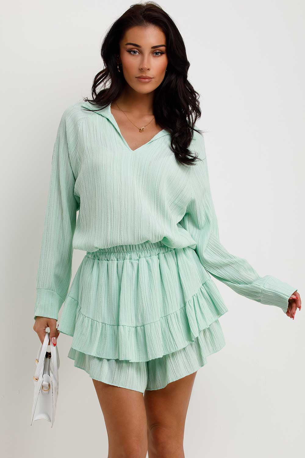 womens shirt and frilly shorts two piece set summer holiday outfit