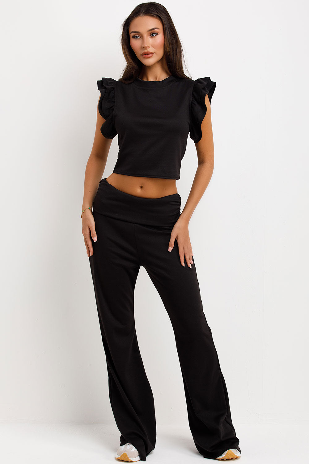 fold flare trousers and frill ruffle sleeve top two piece co ord set