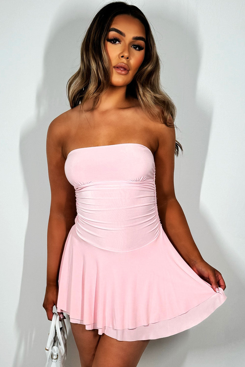 pink bandeau skater dress