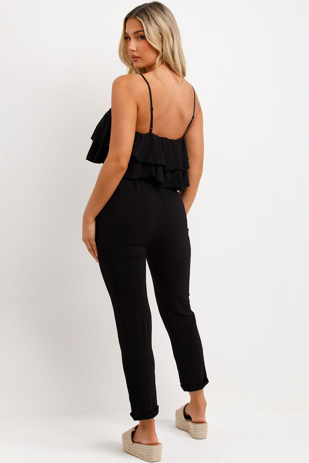 ruffle frilly top and trousers two piece co ord set