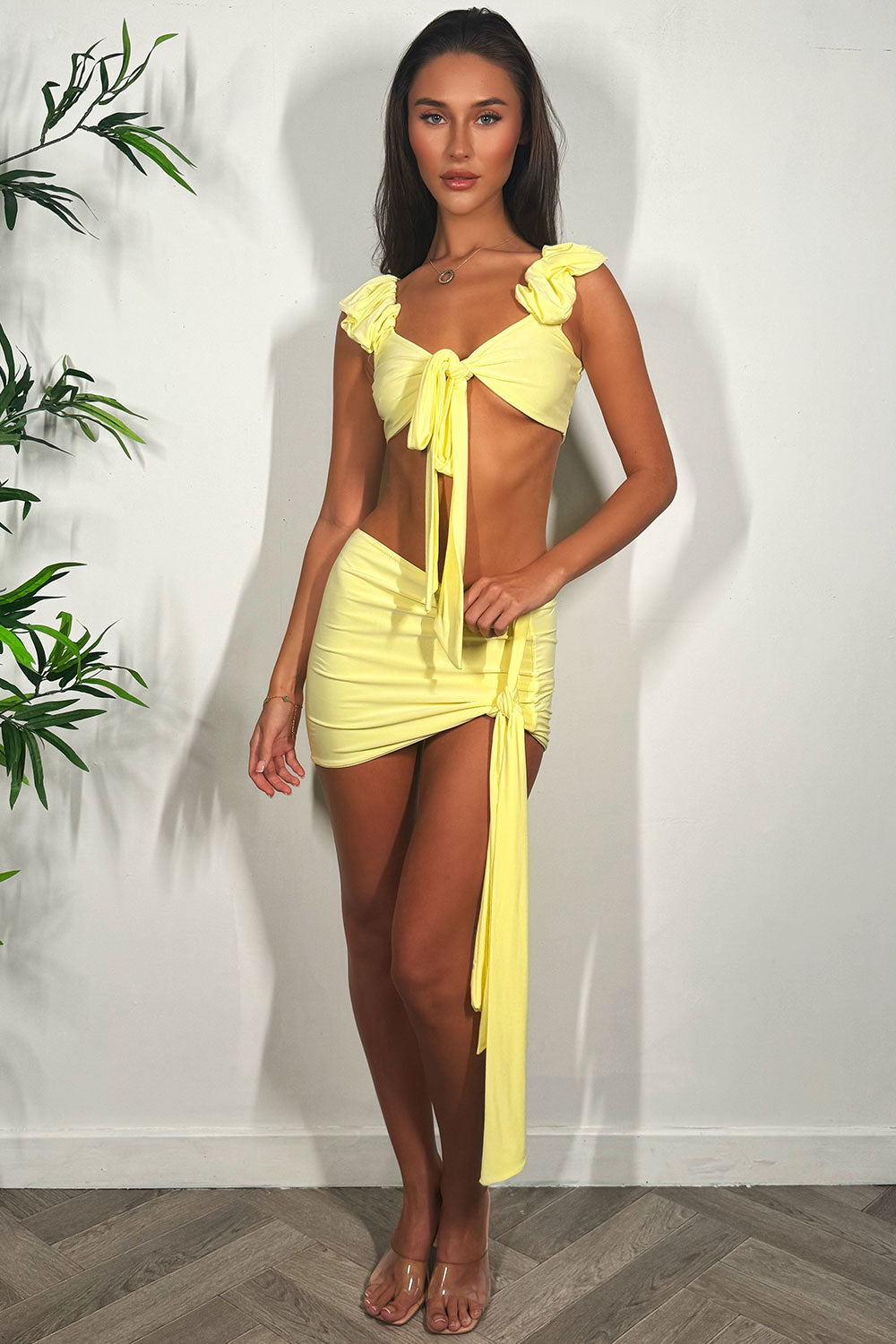 bikini top with ruffle ruched shoulder and mini drape skirt two piece set festival outfit