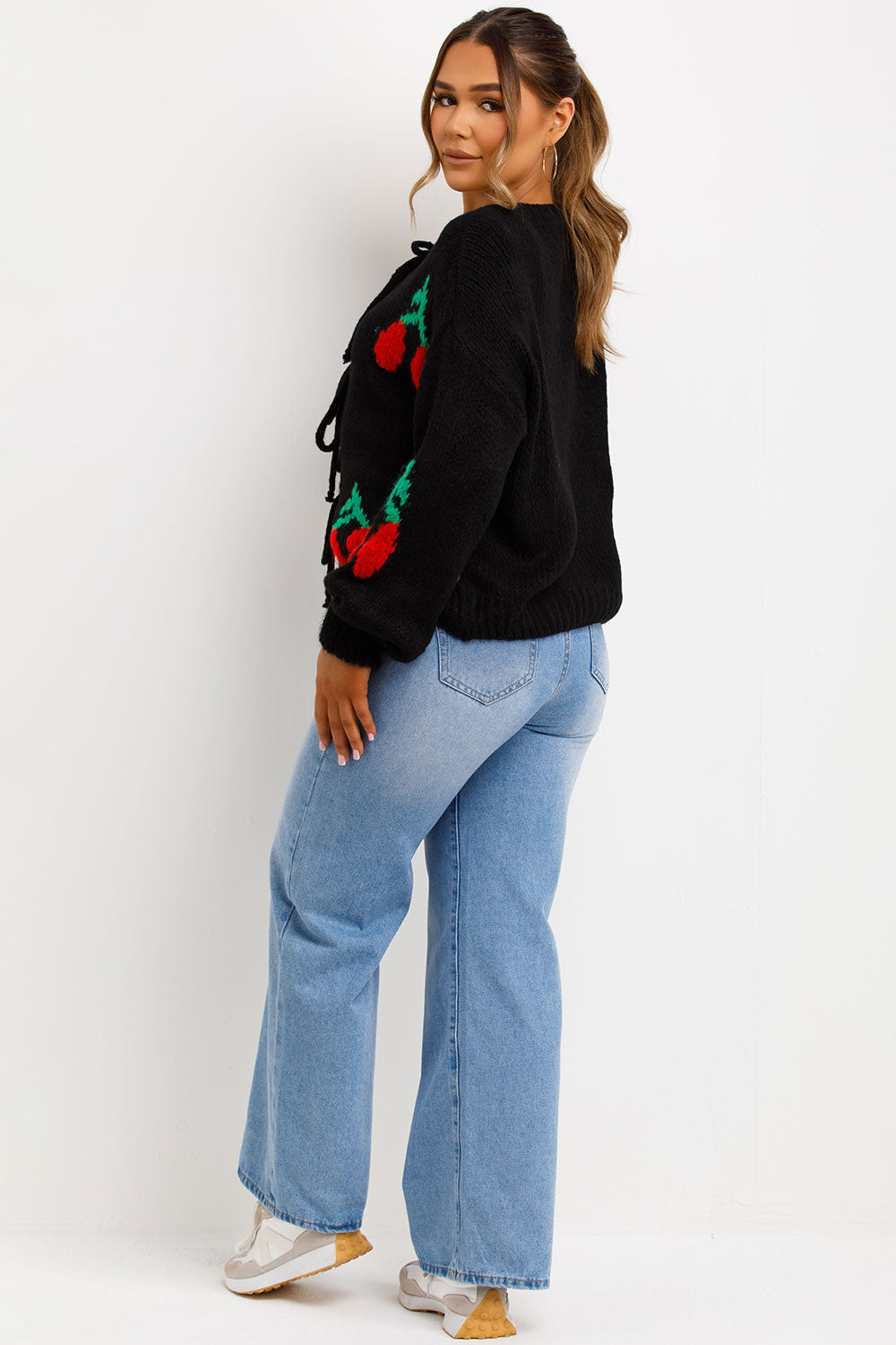 knitted cardigan with cherries tie knot front styledup