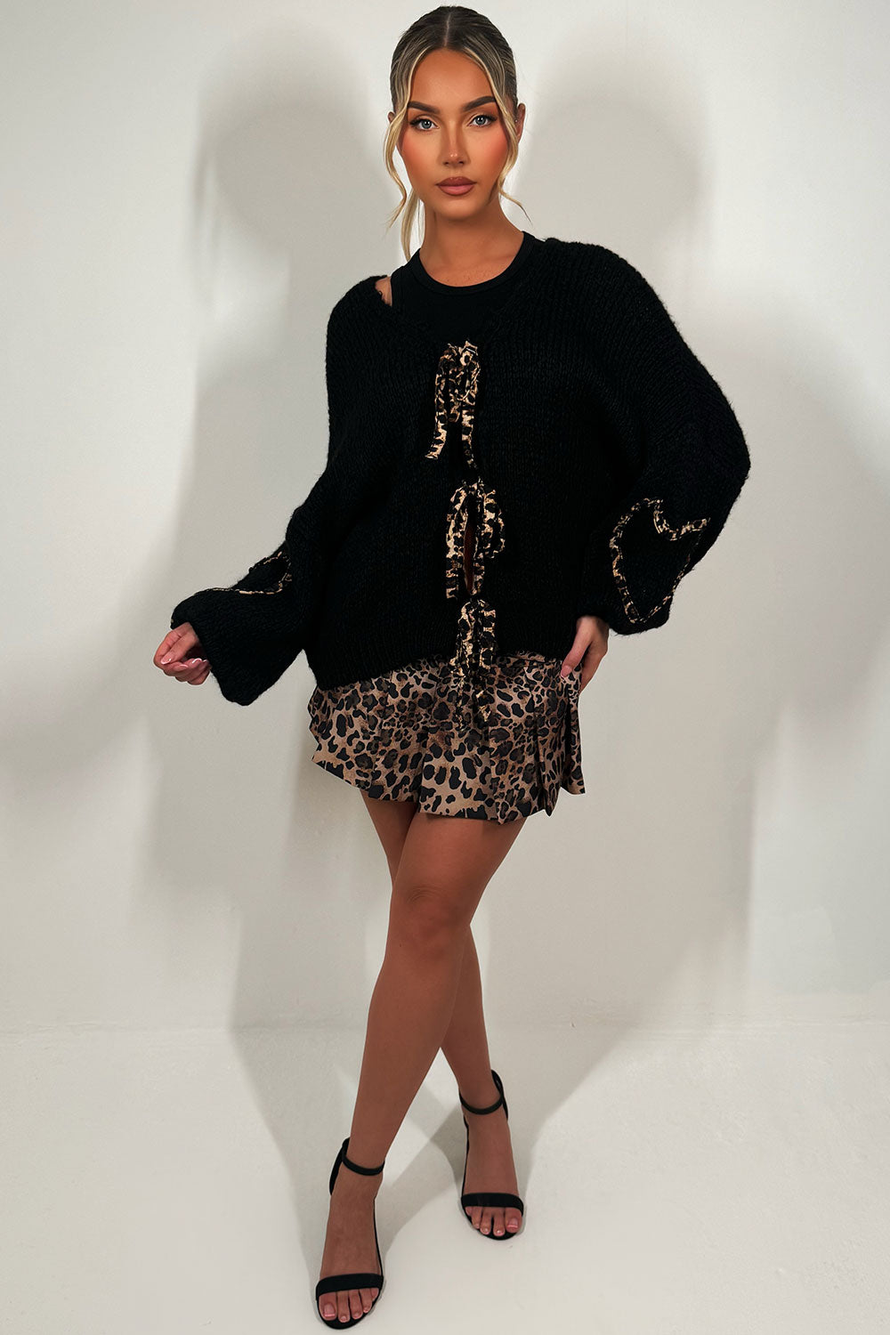 knitted leopard print tie front cardigan