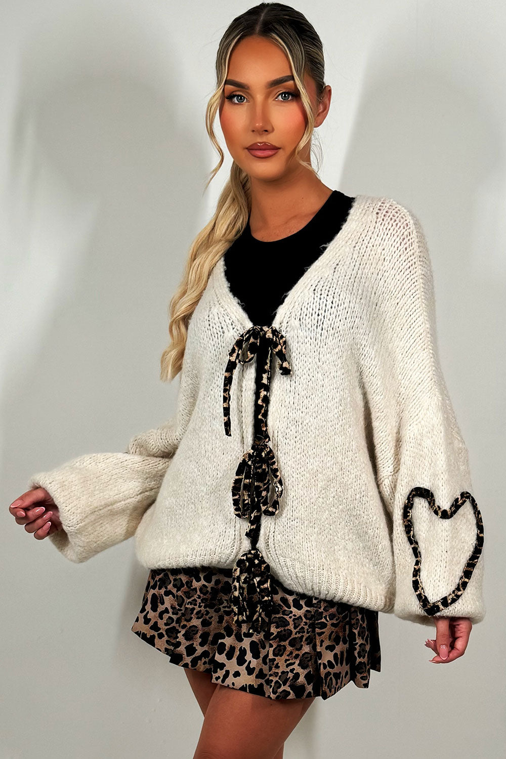 long sleeve leopard print tie front knitted cardigan womens knitwear