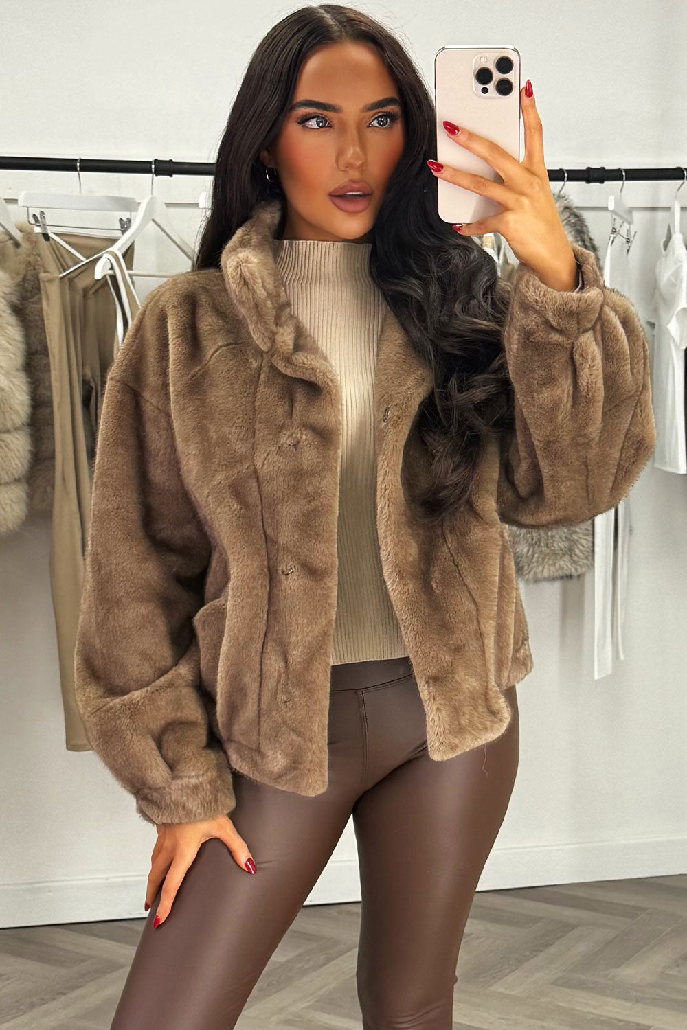 womens fur jacket long sleeves and funnel neck styledup