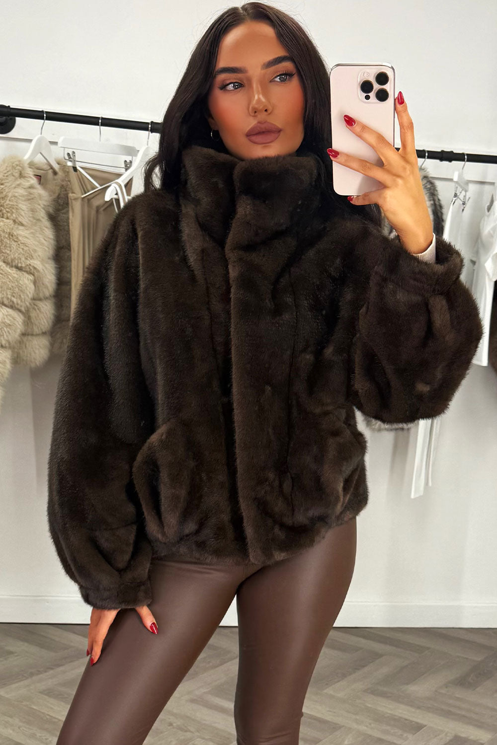 womens fur jacket long sleeves and funnel neck styledup