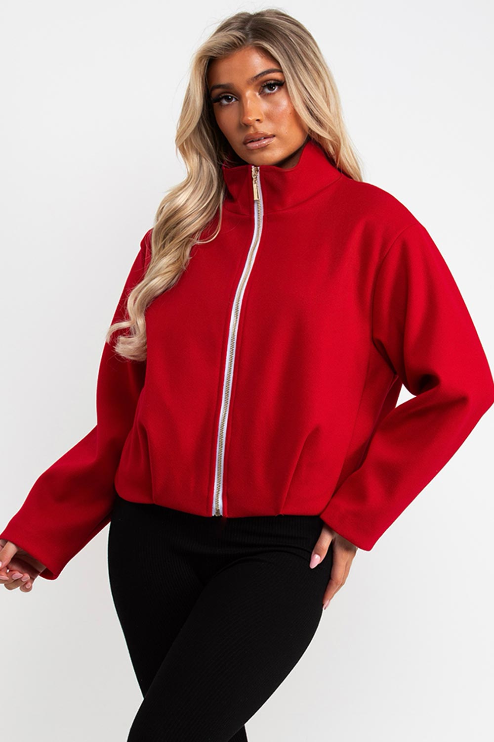 zara womens high neck red bomber jacket funnel neck styledup uk