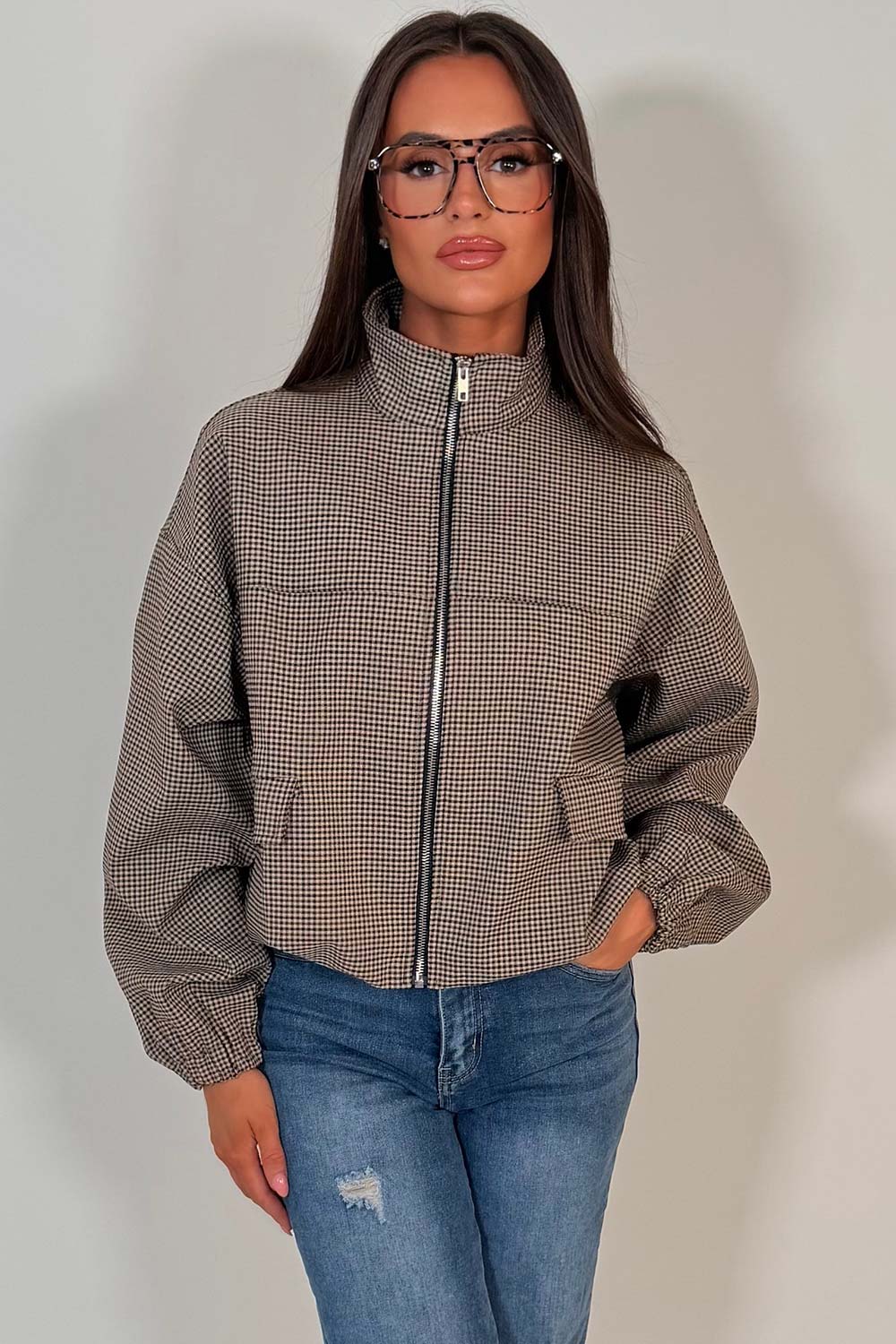 womens long sleeve oversized check bomber jacket styledup uk