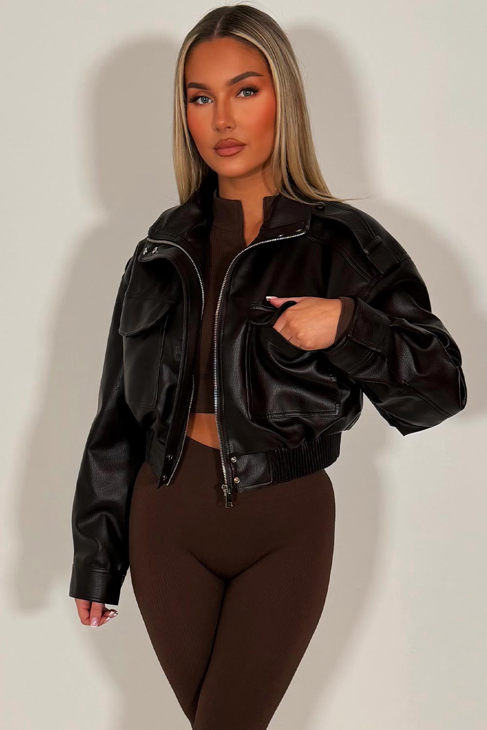 womens zara faux leather jacket with shoulder tabs front pockets styledup