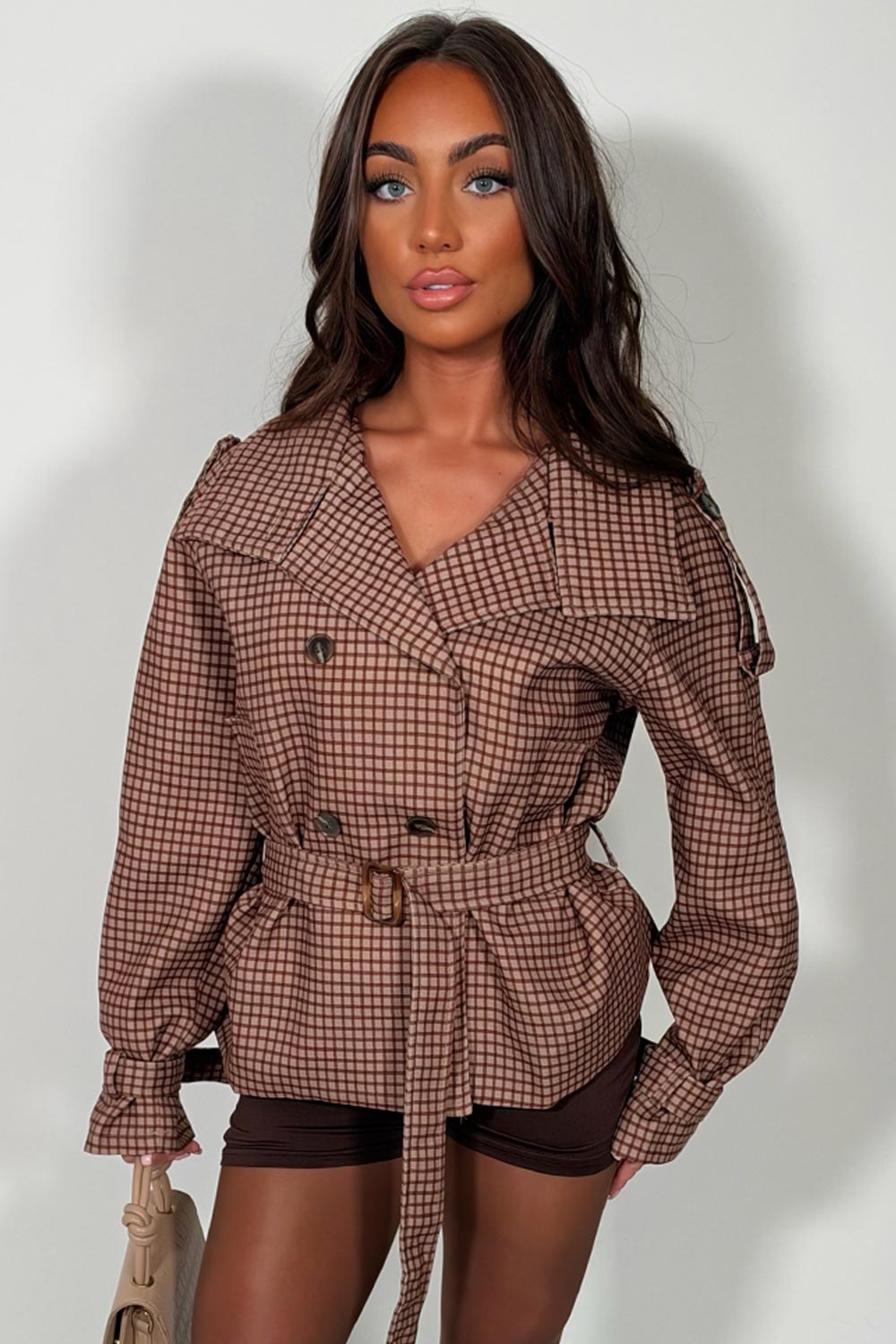 gingham brown check funnel neck trench jacket cropped womens winter outerwear styledup uk