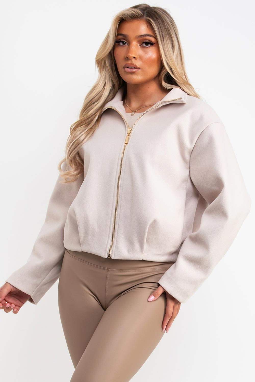 beige bomber jacket with funnel neck zara womens uk