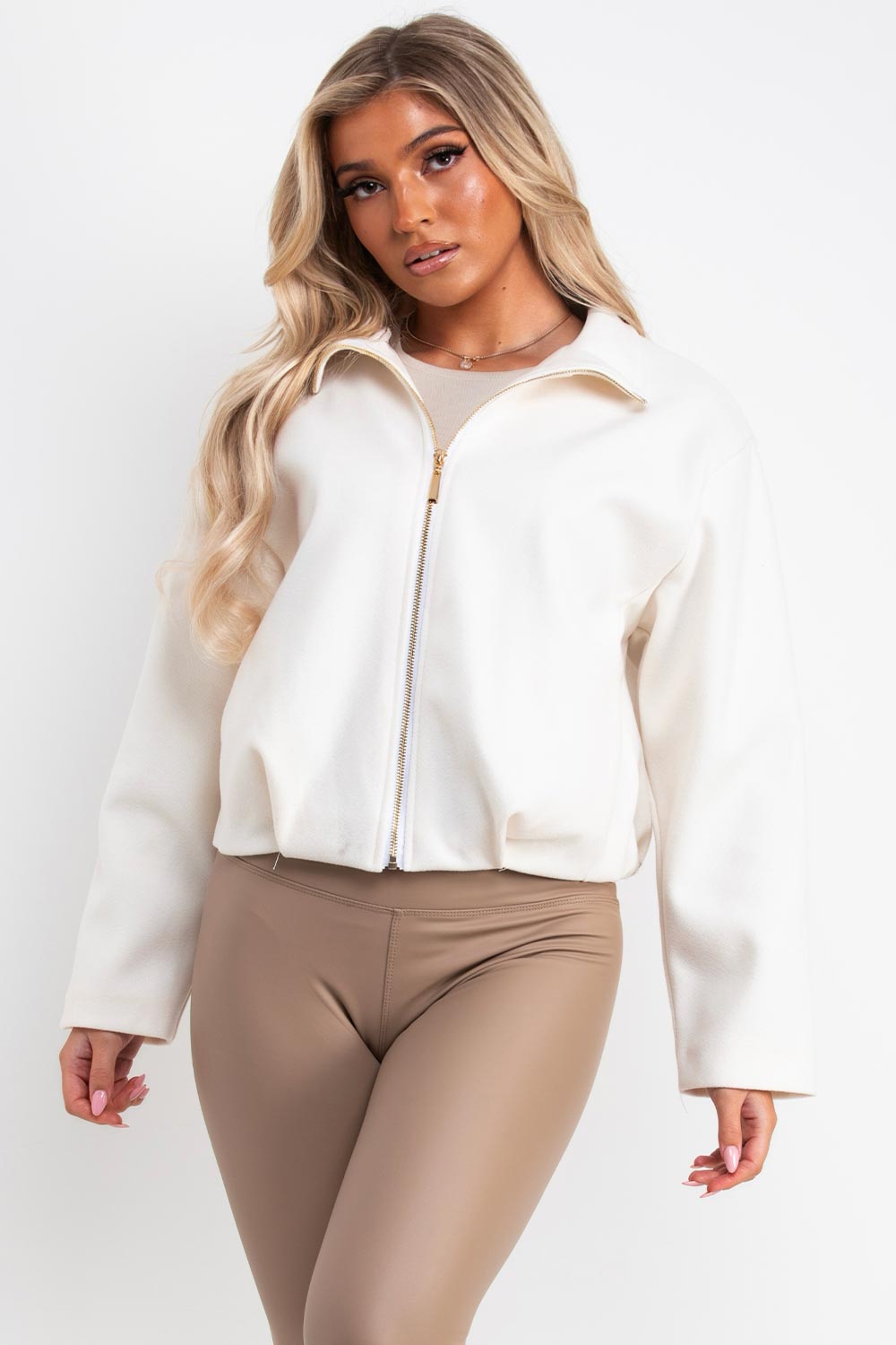 cream bomber jacket with funnel neck zara uk womens