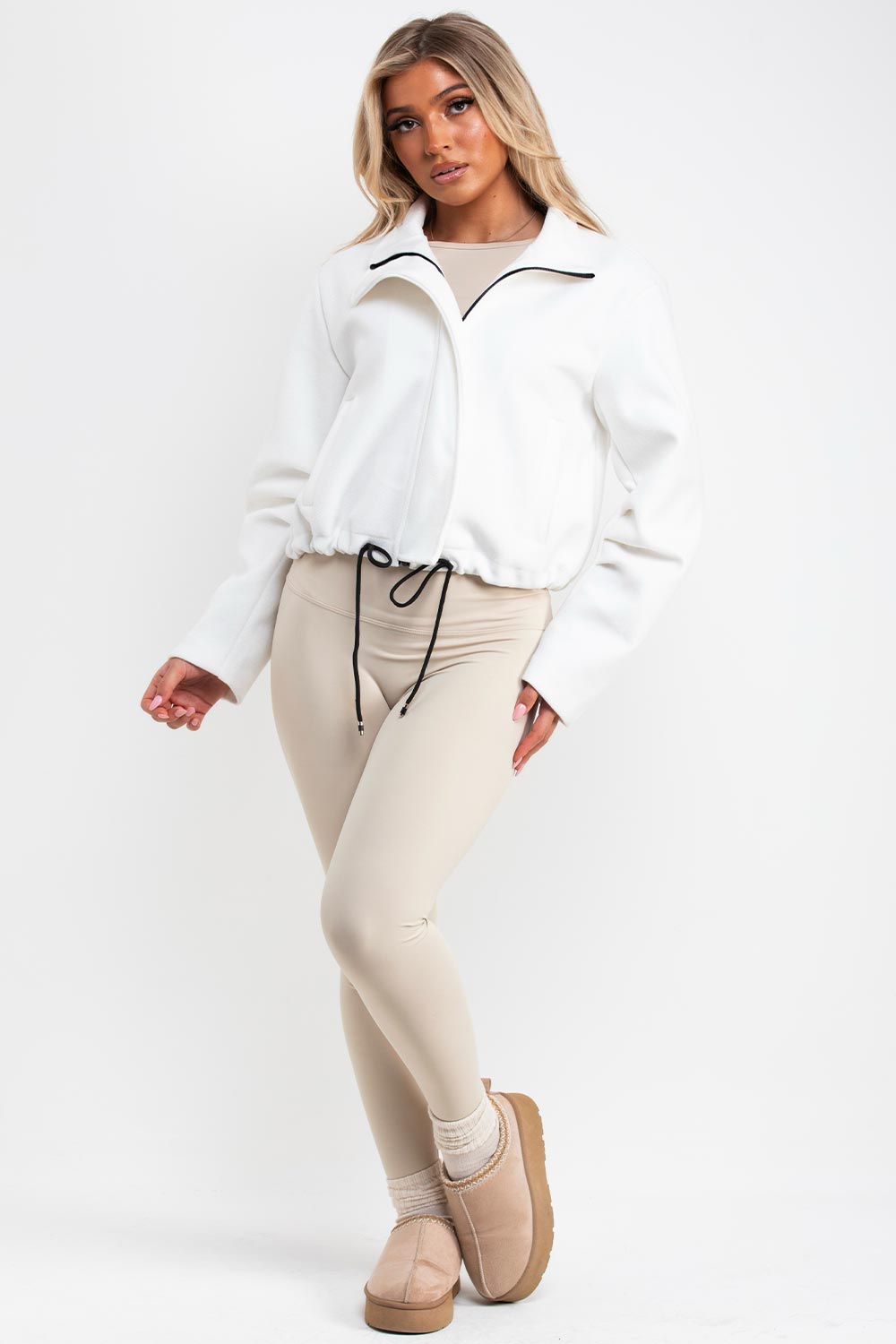 womens cream funnel neck jacket with drawstring hem long sleeves zara uk everyday jacket styledup uk
