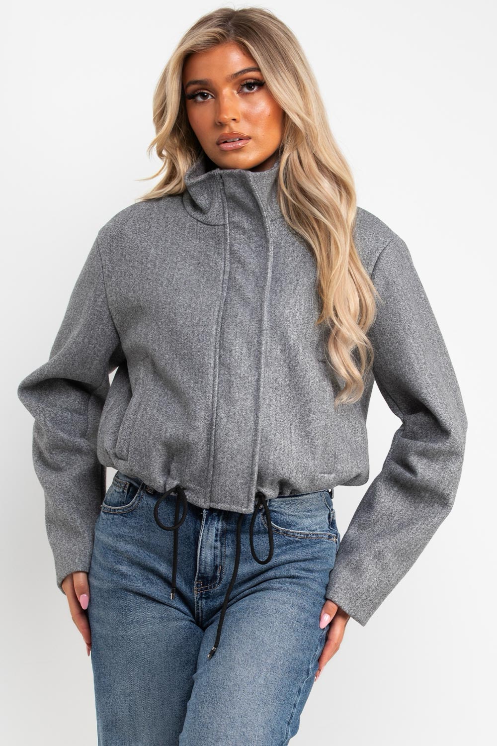 womens funnel neck soft bomber jacket with drawstring hem styledup uk