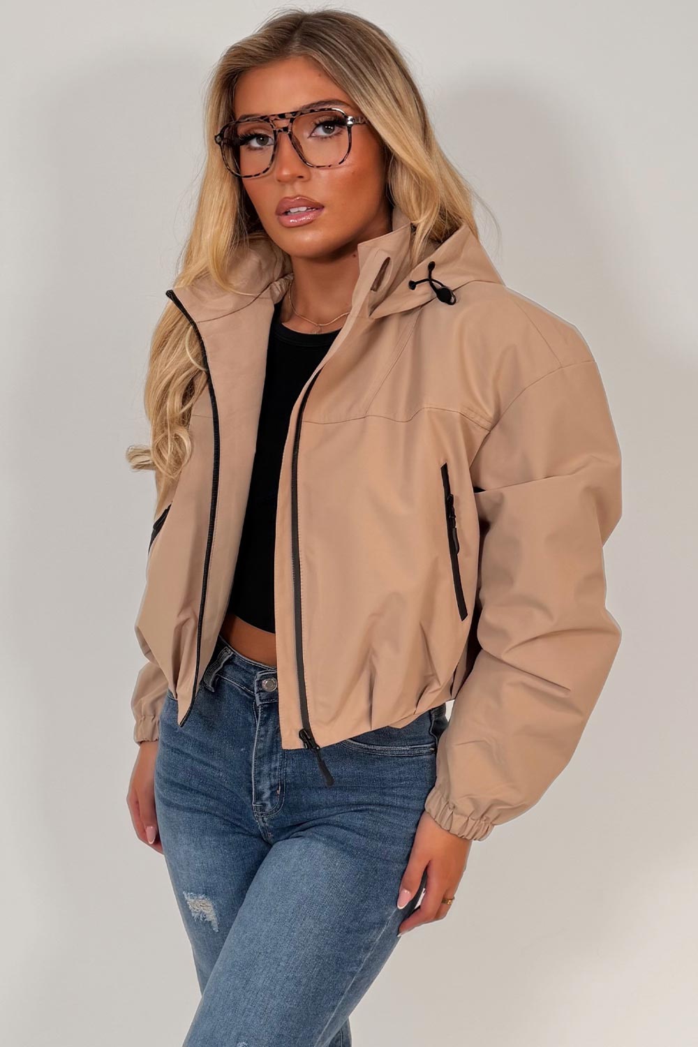 beige hooded padded crop jacket womens styledup uk weather resistant