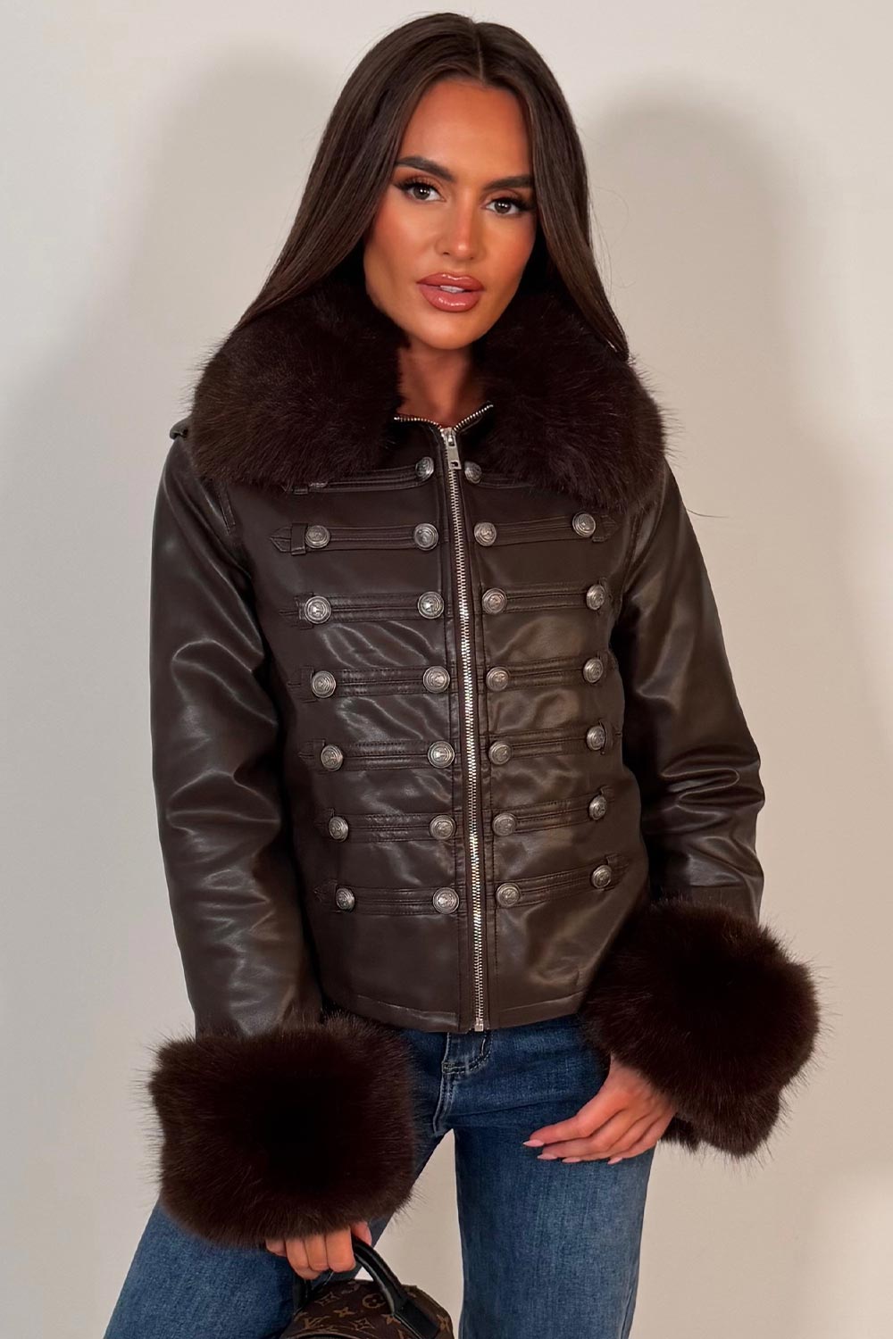 womens brown fur cuff collar military jacket in faux leather zara uk